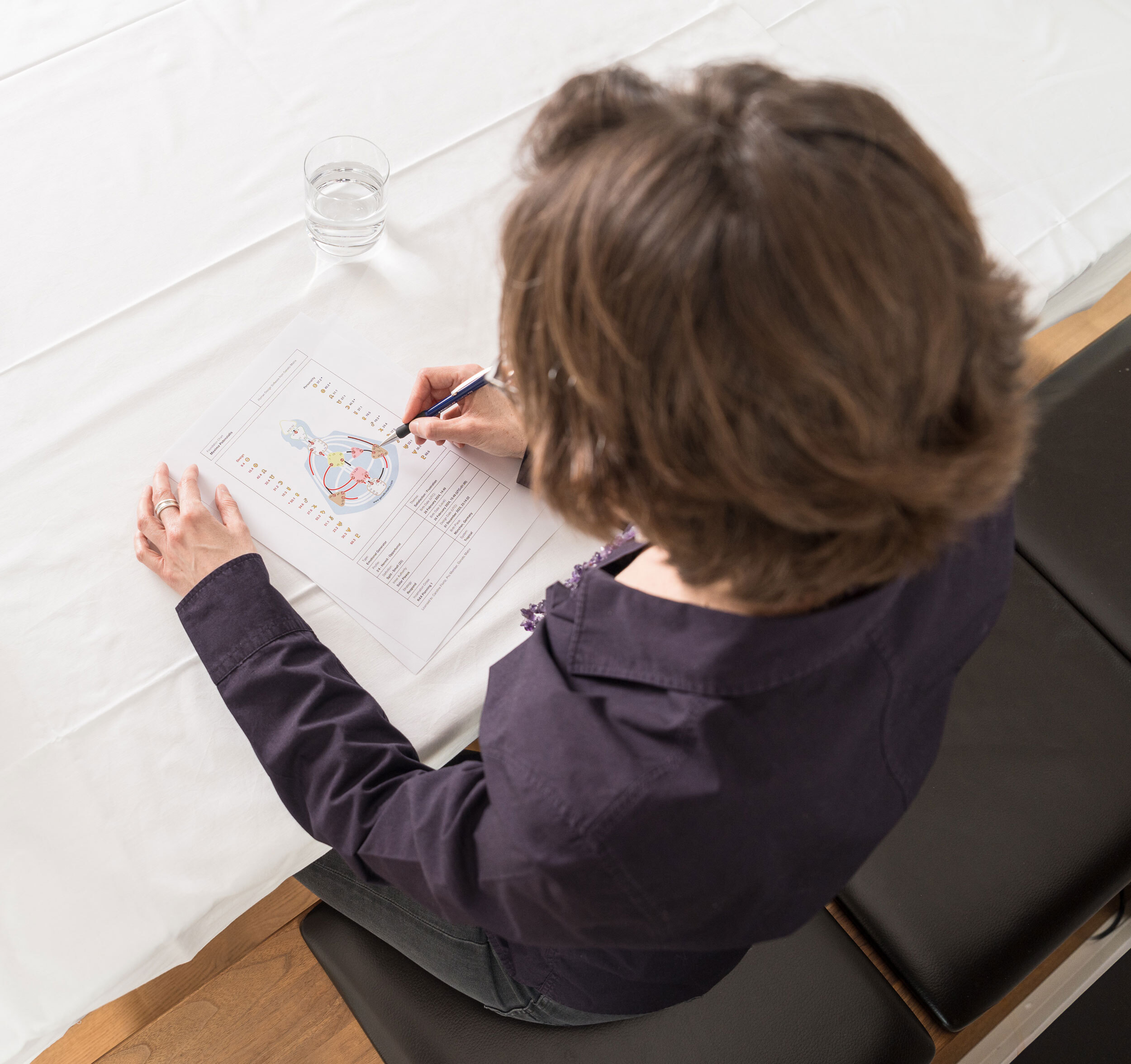 Caroline Floritz sitzt an einem Tisch und analysiert das Human Design Chart einer Kundin